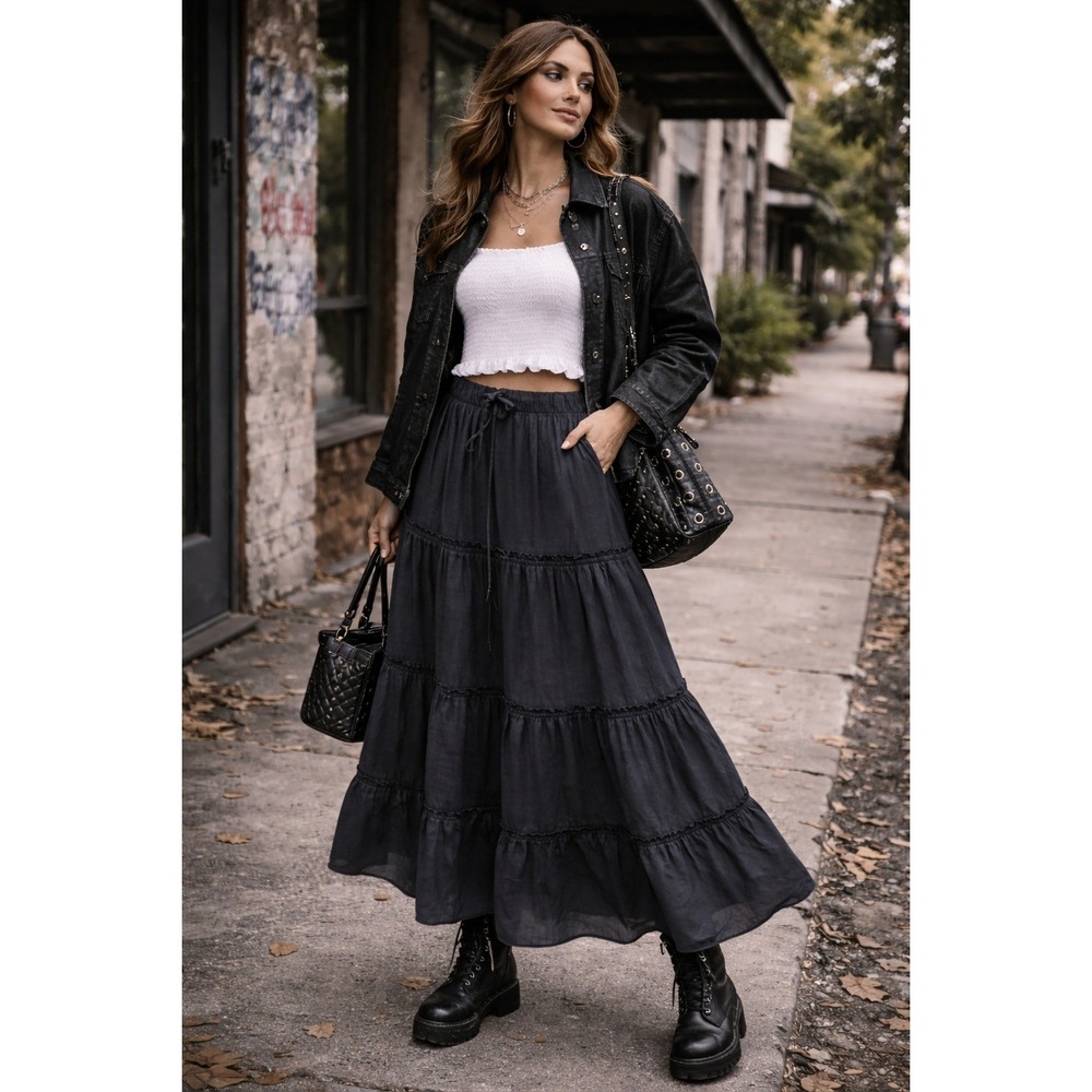 Lucky Brand Charcoal Tiered Maxi Skirt Womens sz M Elastic Waist Boho Grunge NEW - Picture 2 of 4